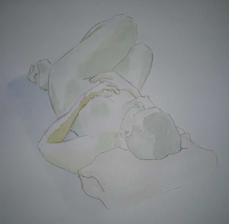 Woman, 5 of 5, reclined (foreshortened), pencil/watercolour