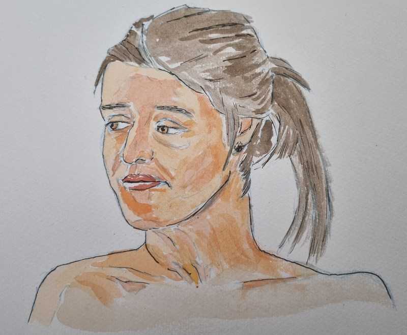 Woman, 1 of 2, portrait, watercolour and ink