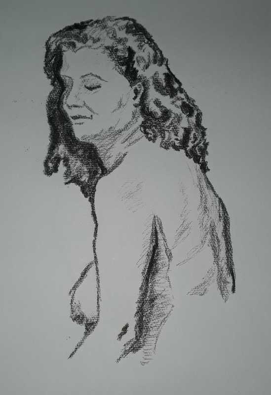Woman, portrait over shoulder, charcoal