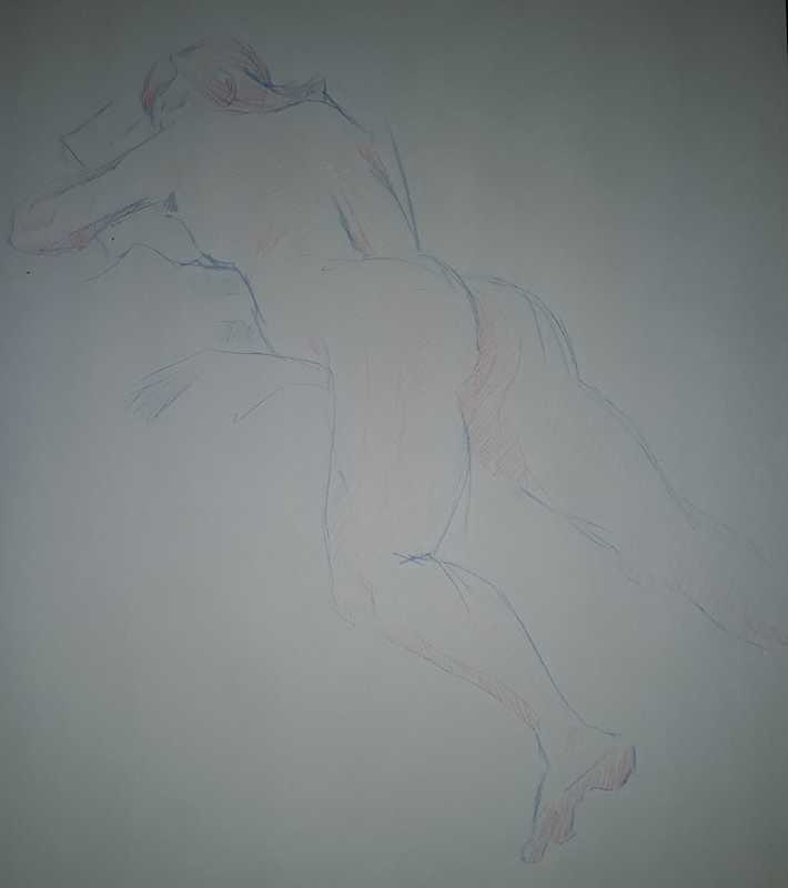 Woman, 2 of 2, reclined (foreshortened), coloured pencils