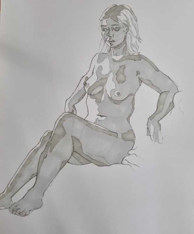 Woman, 2 of 2, seated, fine liner and promarker