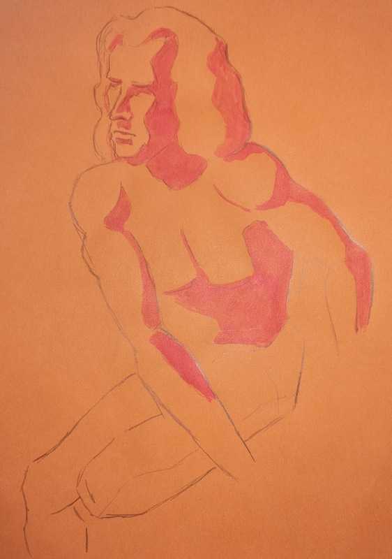 Man, 2 of 6, sitting, pencil/ink/coloured paper