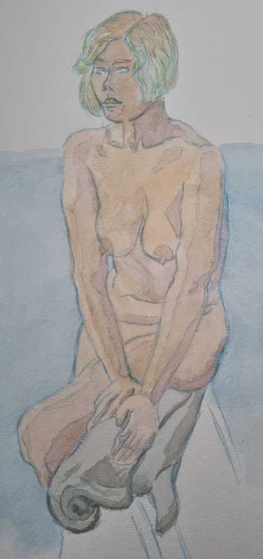Woman, seated, blue pencil and watercolour