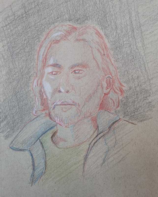 Man, 1 of 2, portrait, colour pencil on tan paper