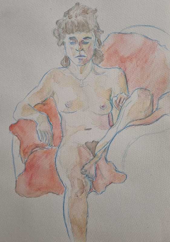 Woman, seated, watercolour pencil