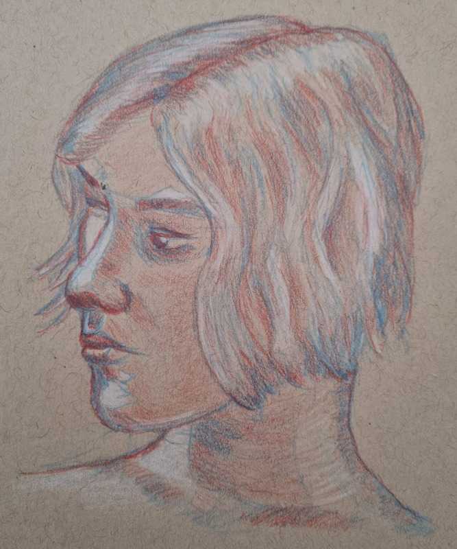 Woman, portrait, coloured pencil on tan paper