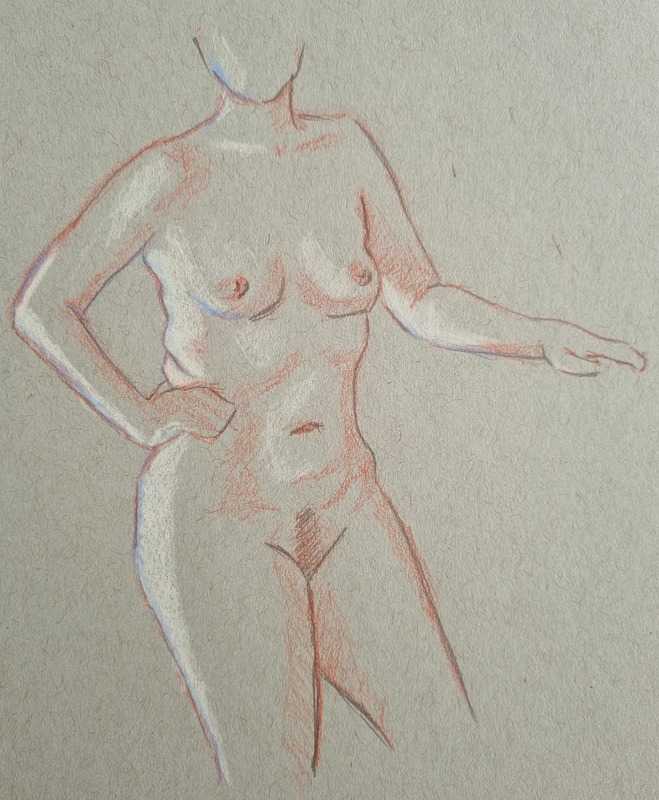 Woman, 3 of 4, standing, pencil and colour pencil on tan paper