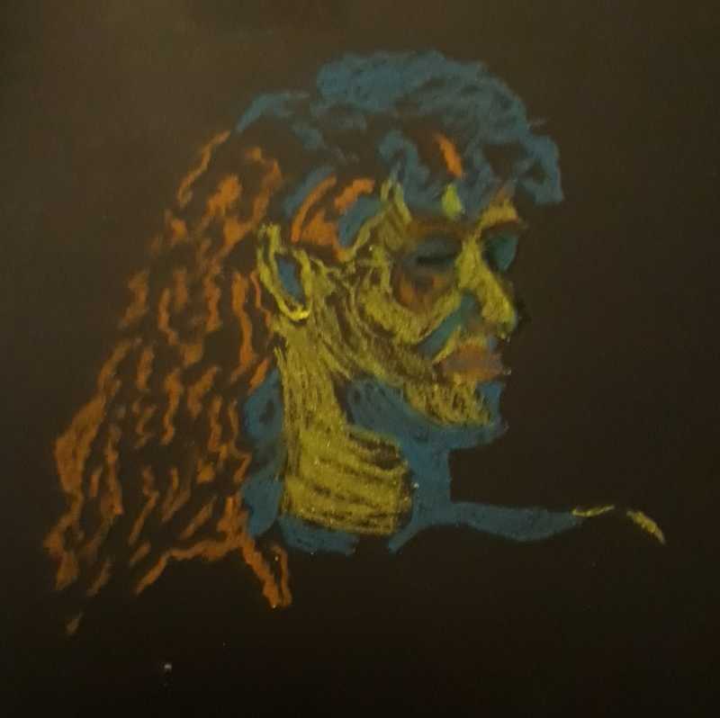 Woman, 2 of 3, portrait, pastel pencil on black paper