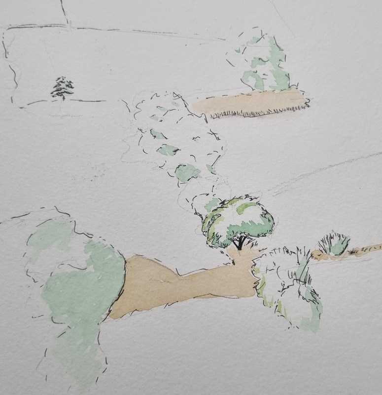 Landscape, pencil, ink, and watercolour