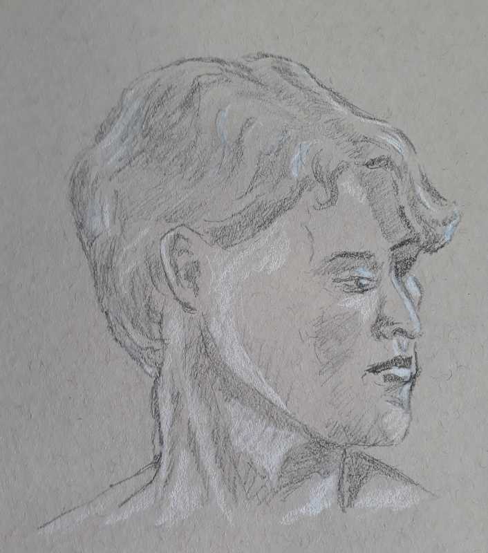 Woman, 1 of 6, portrait, pencil and conte on tan paper