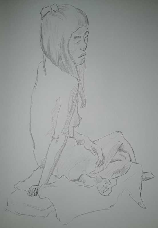 Woman, 3 of 5, seated, pushed, pencil