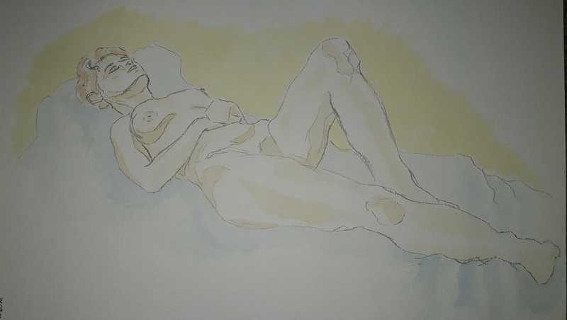 Woman, 6 of 6, reclined, pencil and watercolour