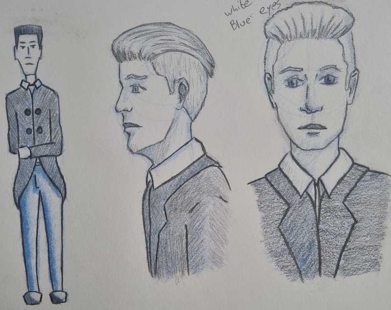 RPG character design, pencil/blue pencil