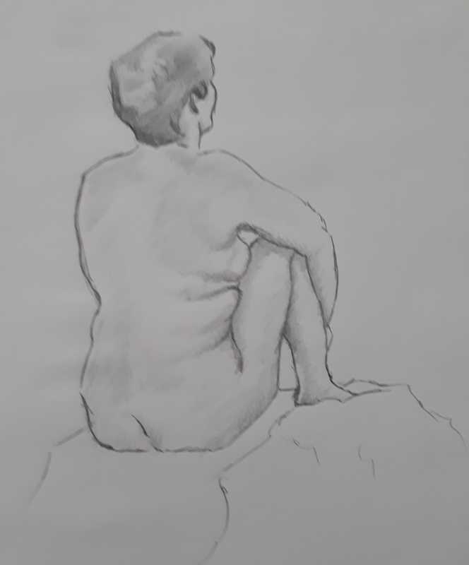 Woman, 1 of 3, seated (rear), pencil