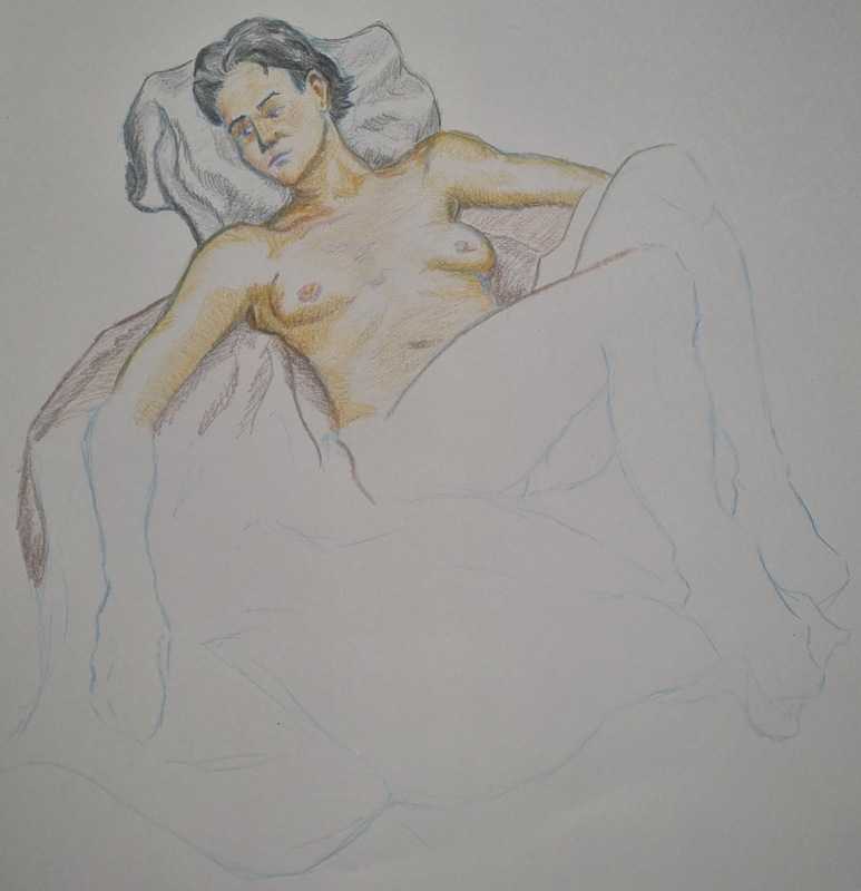 Woman, reclined, colour pencils (full view)