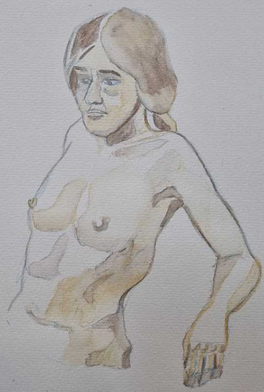 Woman, 1 of 2, seated (torso), watercolour pencil