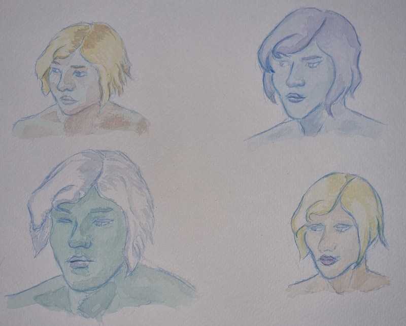 Woman, 4 portraits (playing with colour), blue pencil/watercolour