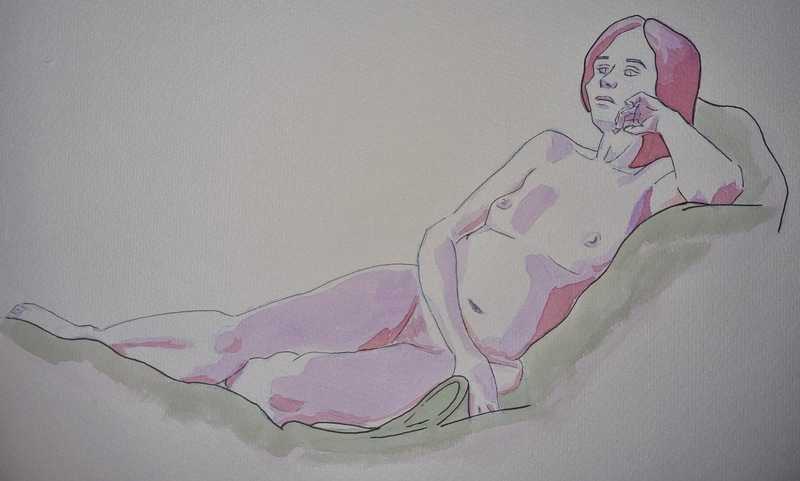 Woman, 1 of 3, reclined, watercolour/ink
