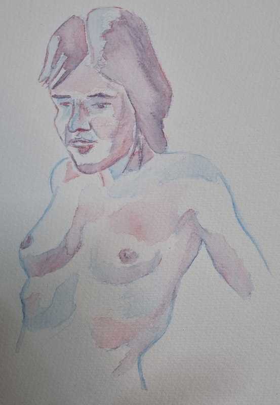 Woman, 2 of 2, seated (torso), watercolour pencil