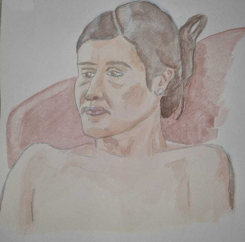 Woman, portrait, blue pencil/watercolour