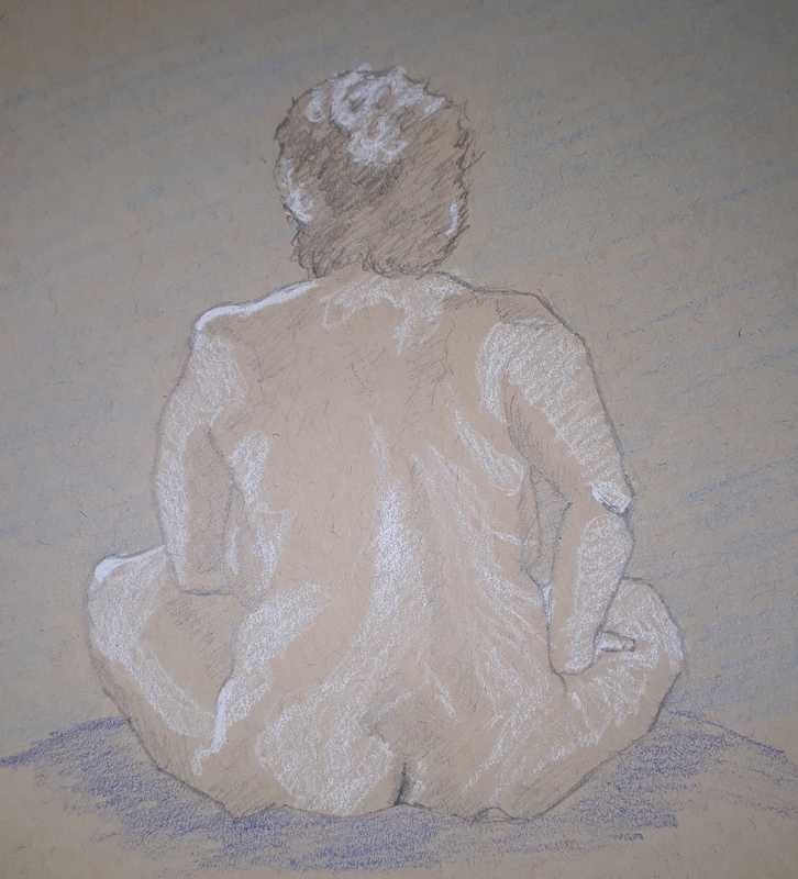 Woman, 1 of 6, seated (rear), pencil/colored pencil/conte on tan paper