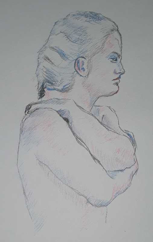 Woman, 3 of 3, portrait (side), pencil and coloured pencil