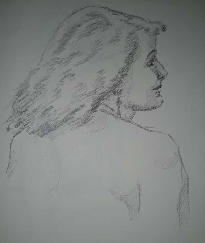 Woman, 2 of 6, portrait over shoulder, pencil