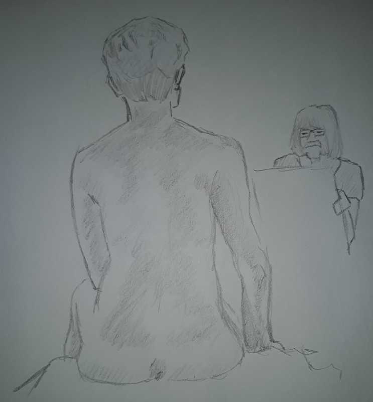 Woman, 5 of 8, seated (rear, with artist), pencil