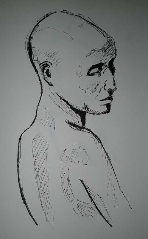 Woman, 4 of 5, portrait over shoulder, ink