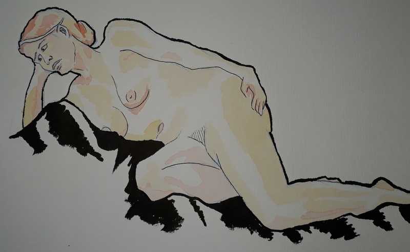 Woman, 4 of 5, reclined, pencil, watercolour, and ink