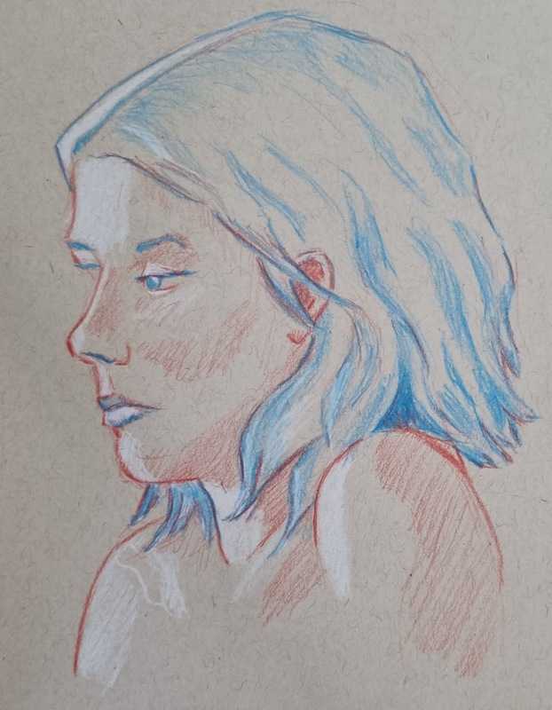 Woman, 3 of 3, portait, colour pencil on tan paper