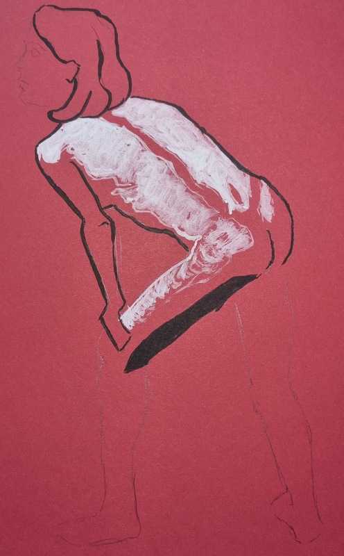 Woman, 4 of 11, pencil/ink/coloured paper, crouching, 10 minutes