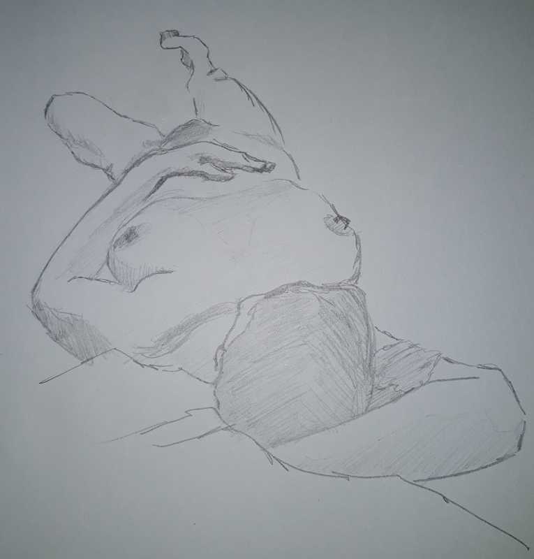 Woman, 4 of 5, reclined (foreshortend, pushed), pencil