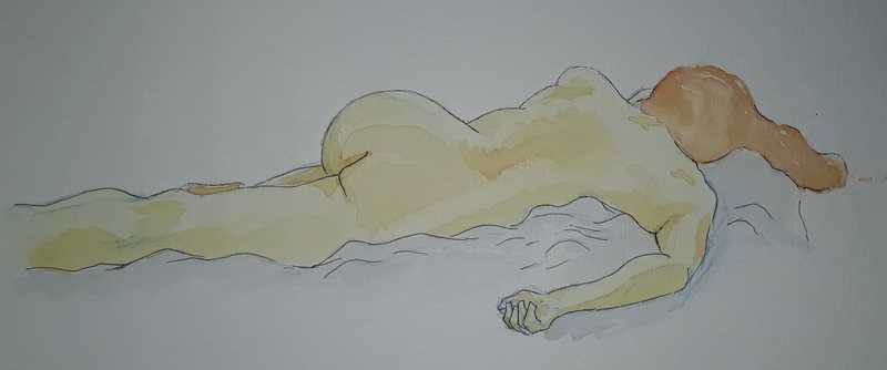 Woman, 2 of 2, lying, watercolour/pencil