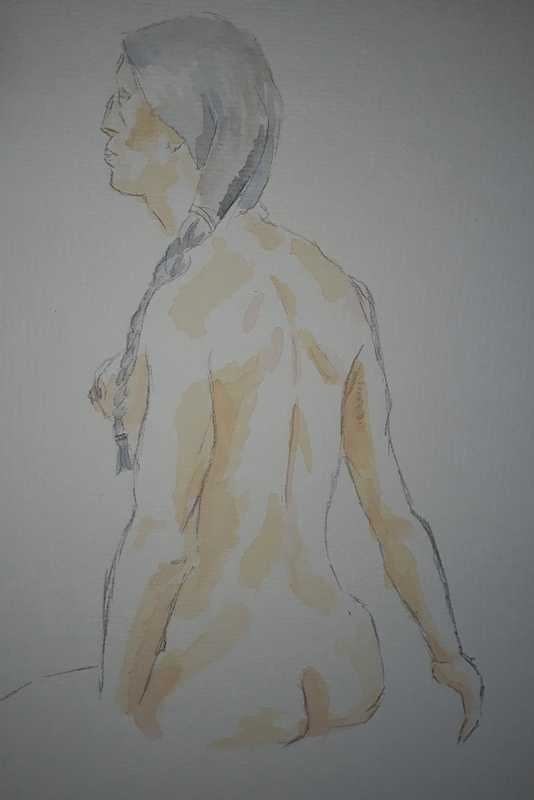 Woman, 1 of 3, seated (rear), pencil and watercolour