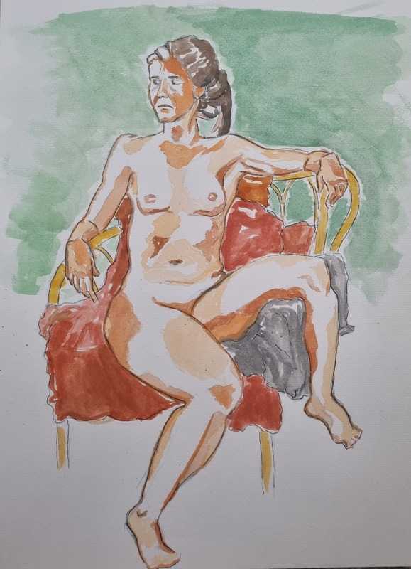 Woman, portrait, watercolour and blue pencil