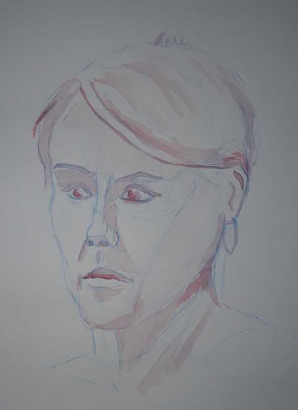 Woman, 5 of 5, portrait, blue pencil and watercolour