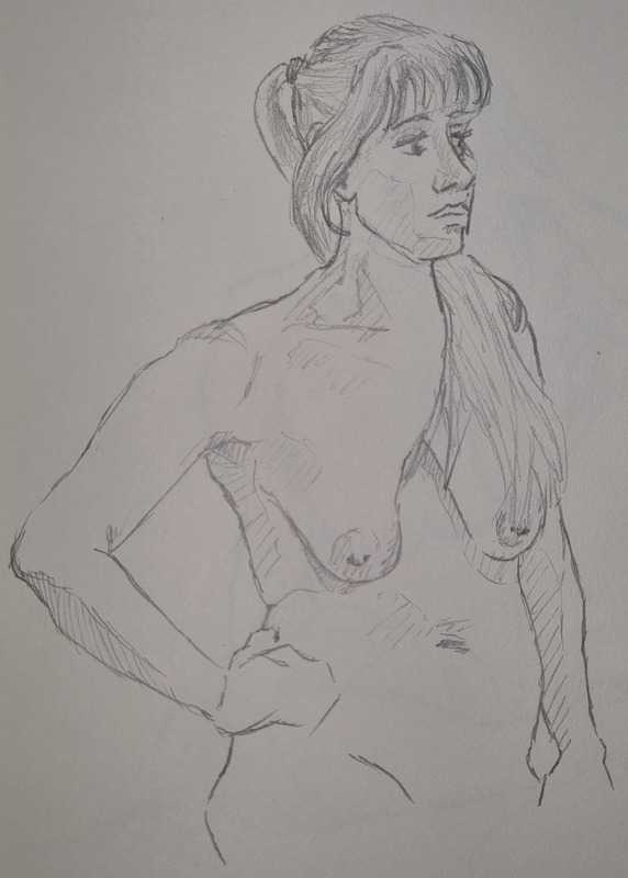 Woman, 1 of 2, standing, pencil