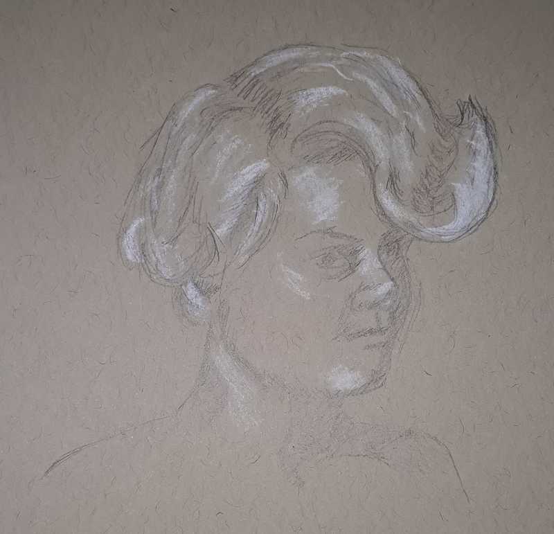Woman, 2 of 4, portrait, pastel pencil/pencil on tan paper