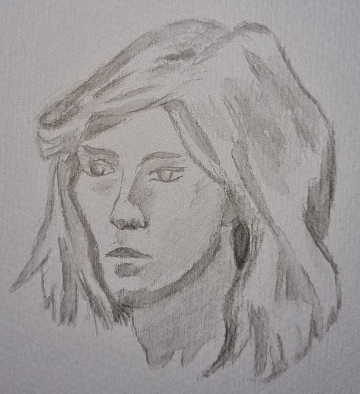 Woman, 2 of 3, portrait, black watercolor pencil