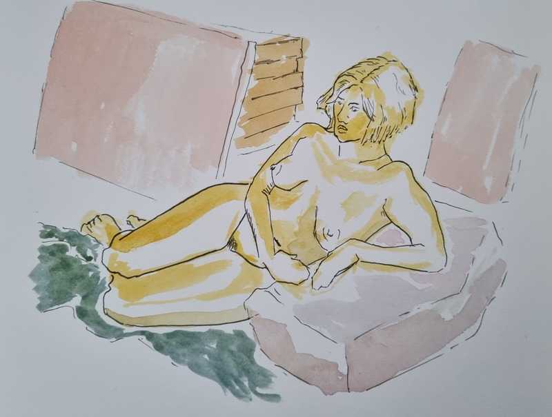 Woman, 2 of 2, seated, watercolour and ink