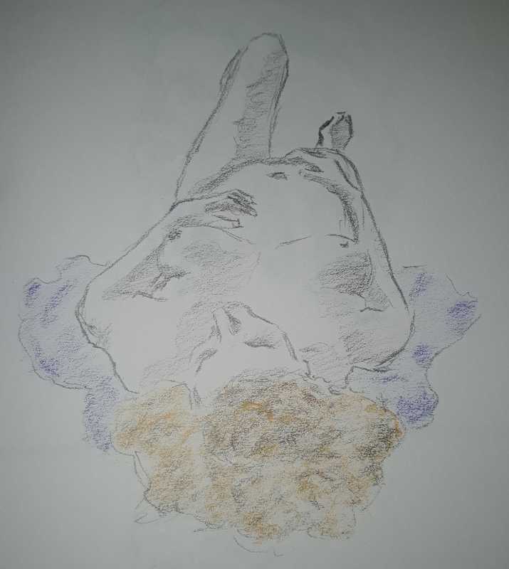 Woman, 2 of 2, reclied, foreshortened, pencil amd coloured pencil