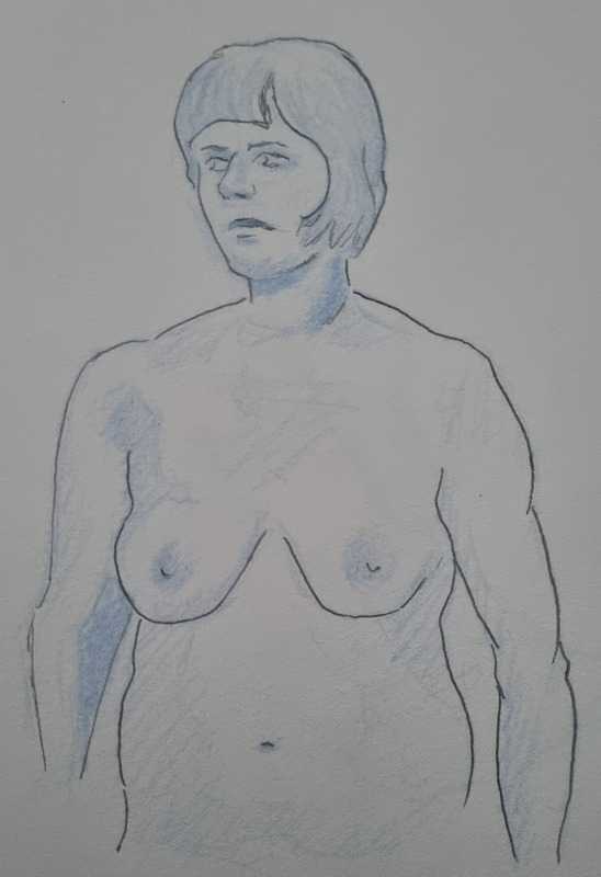 Woman, 3 of 5, standing, pencil/blue pencil