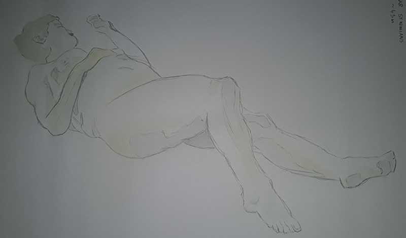 Woman, 2 of 2, reclined/foreshortened, pencil/watercolour