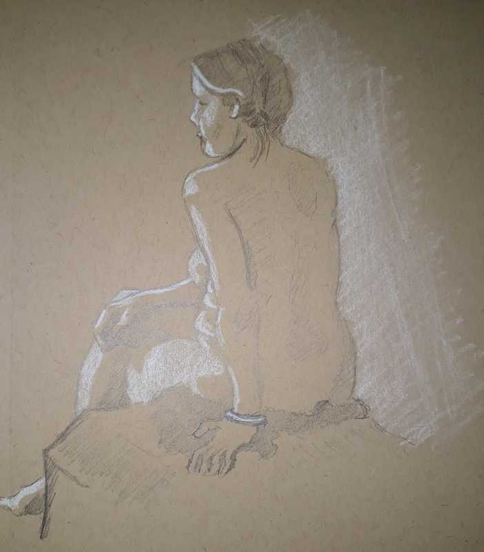 Woman, 7 of 7, seated (rear), penci and conte on tan paper