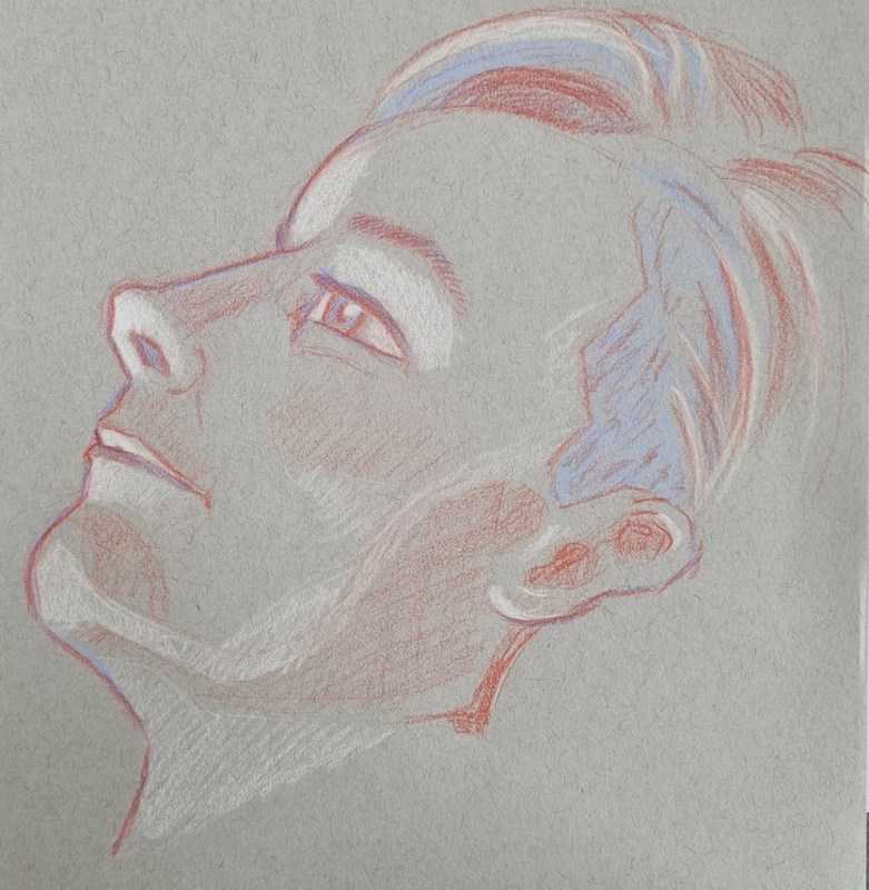 Woman, 2 of 3, portrait, colour pencil on grey