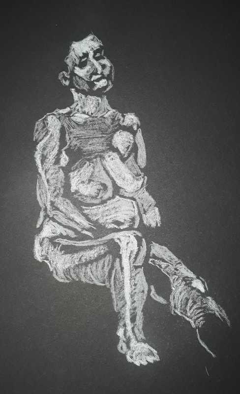 Woman, seated, pastel pencil on black paper