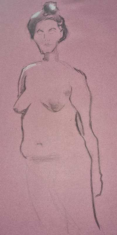 Woman, 3 of 9, standing, pencil, charcoal and chalk on coloured paper