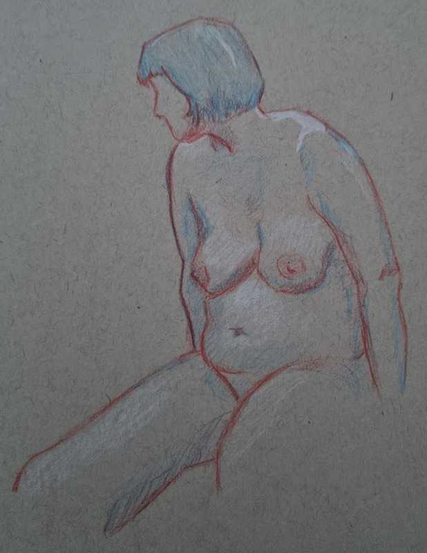 Woman, 5 of 5, seated, colour pencil on tan paper