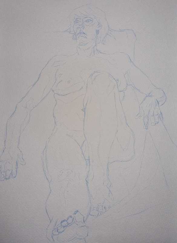 Woman, 1 of 2, reclined, blue pencil